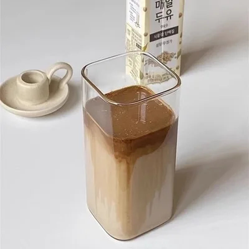 Square Heat-Resistant Glass Cup with Lid & Straw | Transparent Coffee, Milk Tea, or Juice Mug for Home & Bar