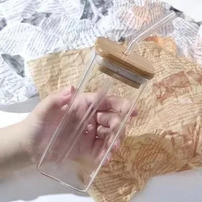 Square Heat-Resistant Glass Cup with Lid & Straw | Transparent Coffee, Milk Tea, or Juice Mug for Home & Bar