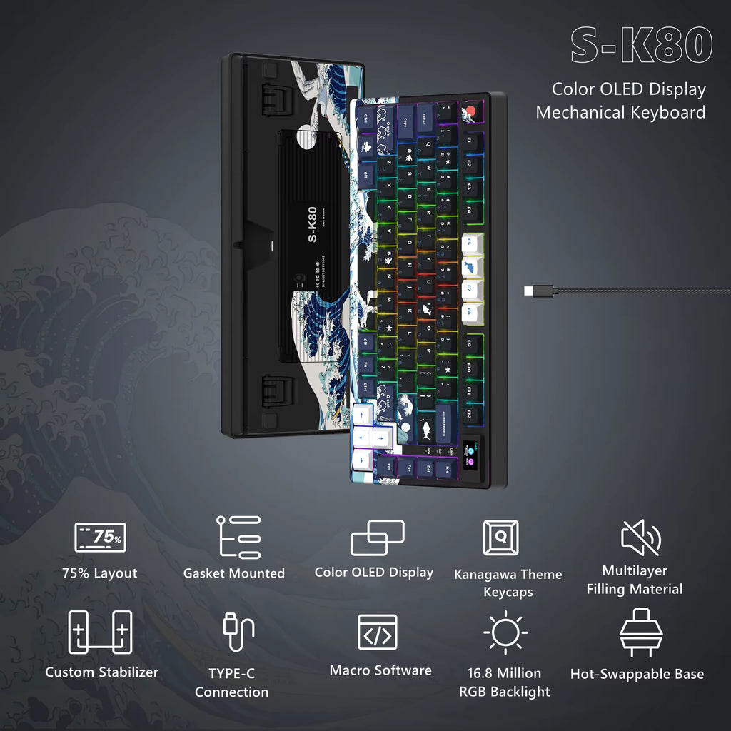 Elevate Your Gaming Experience with the S-K80 75% Mechanical Keyboard Featuring Color OLED Display and RGB Backlighting