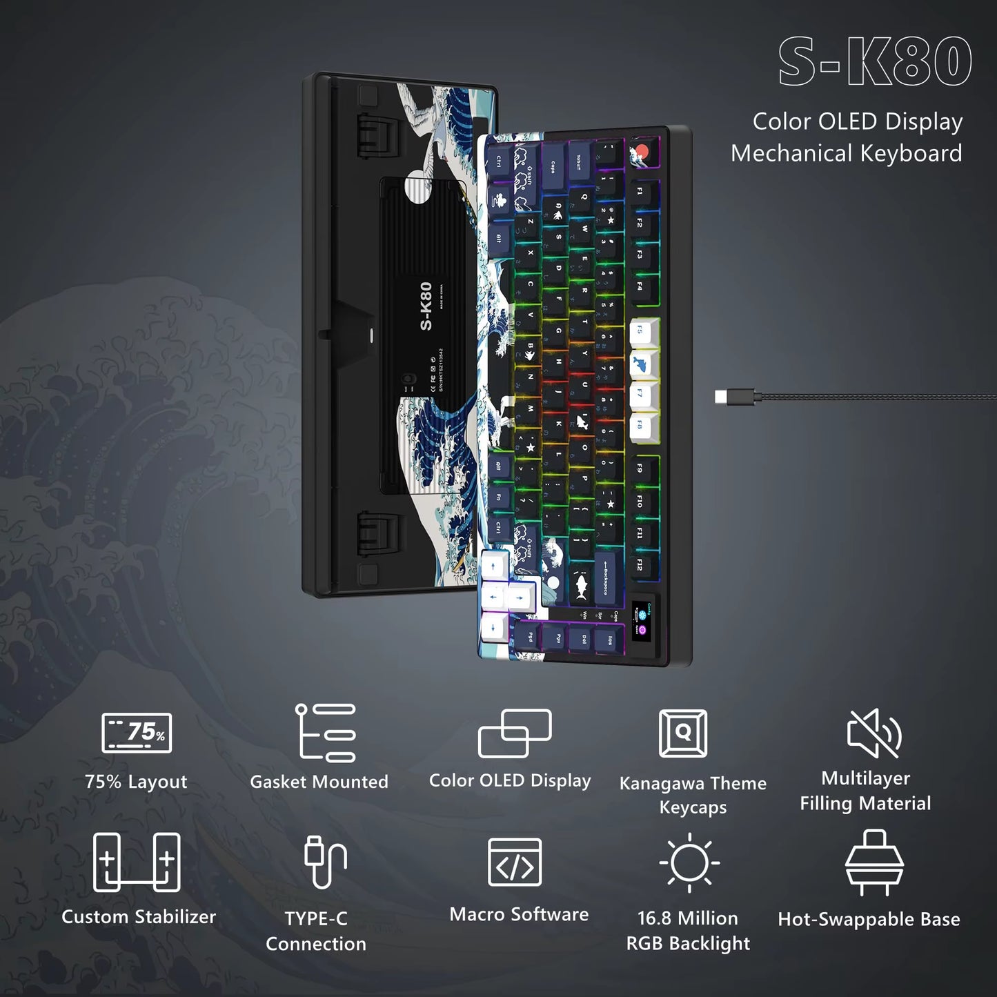 Elevate Your Gaming Experience with the S-K80 75% Mechanical Keyboard Featuring Color OLED Display and RGB Backlighting