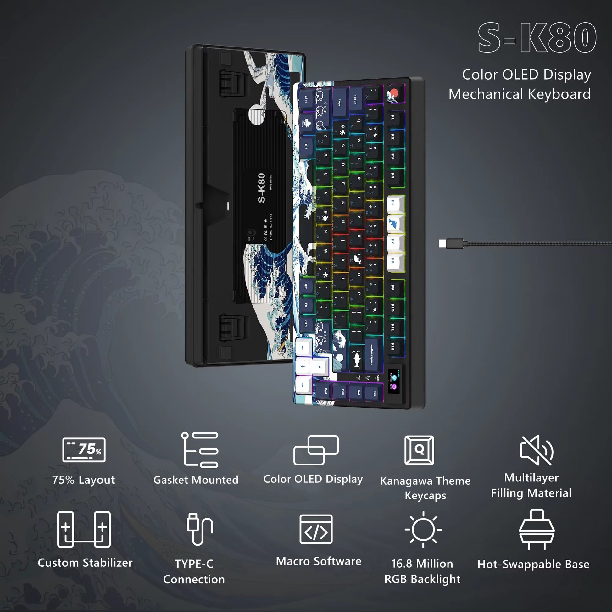Elevate Your Gaming Experience with the S-K80 75% Mechanical Keyboard Featuring Color OLED Display and RGB Backlighting