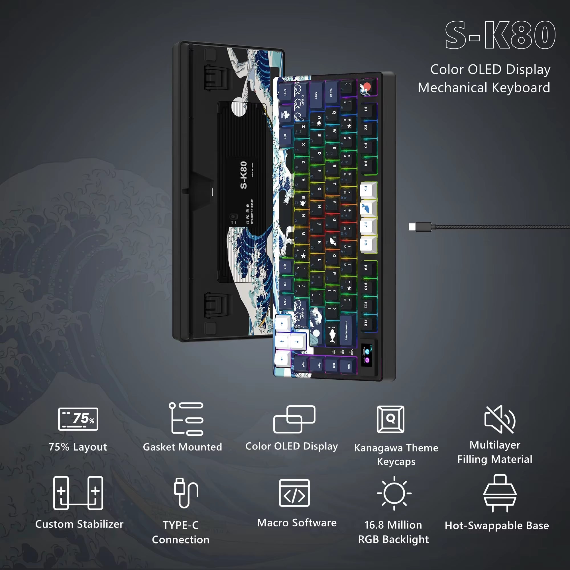 Elevate Your Gaming Experience with the S-K80 75% Mechanical Keyboard Featuring Color OLED Display and RGB Backlighting