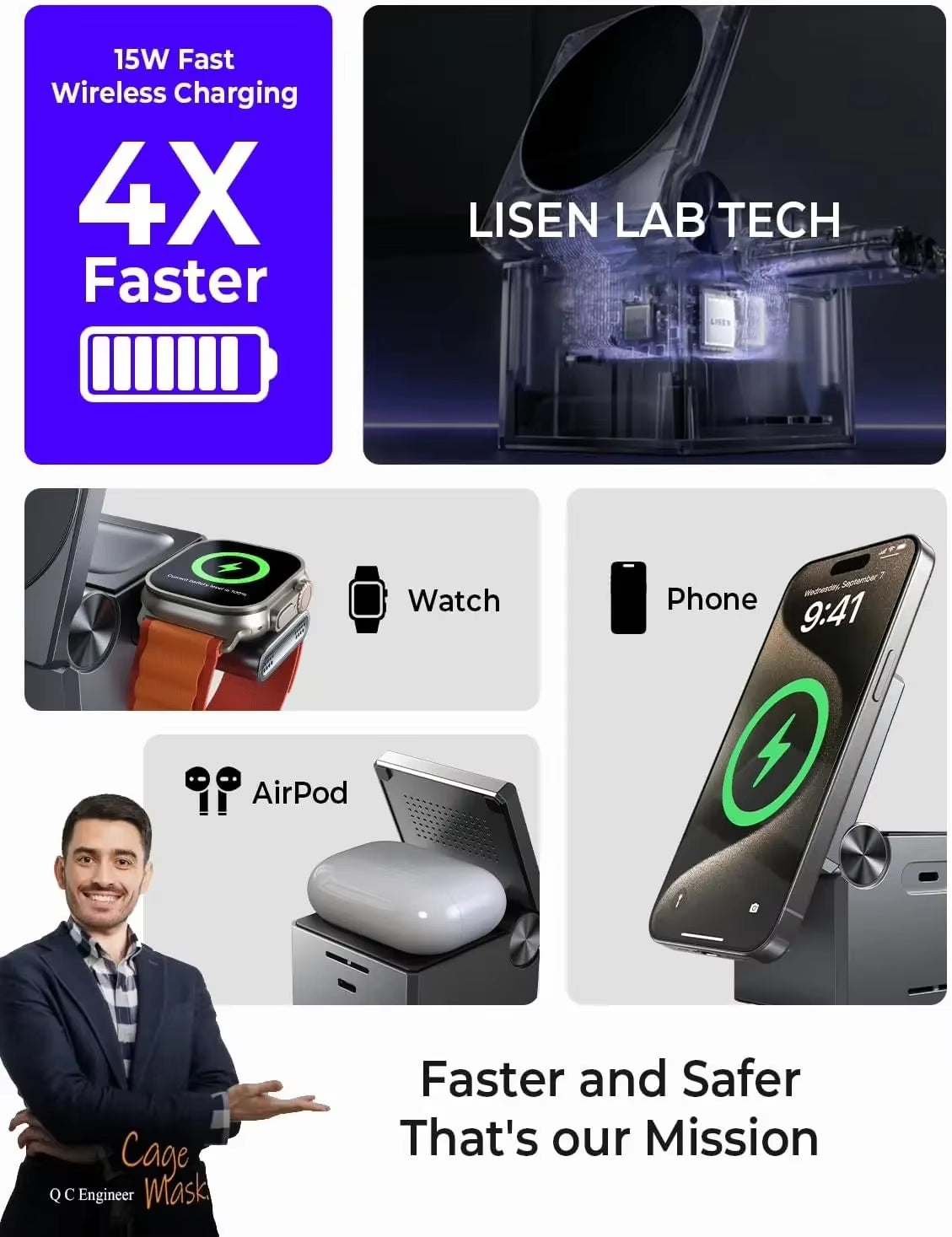 3-in-1 Charging Station Cube | Travel Charger for iPhone 15 Pro Max, Apple Watch & AirPods