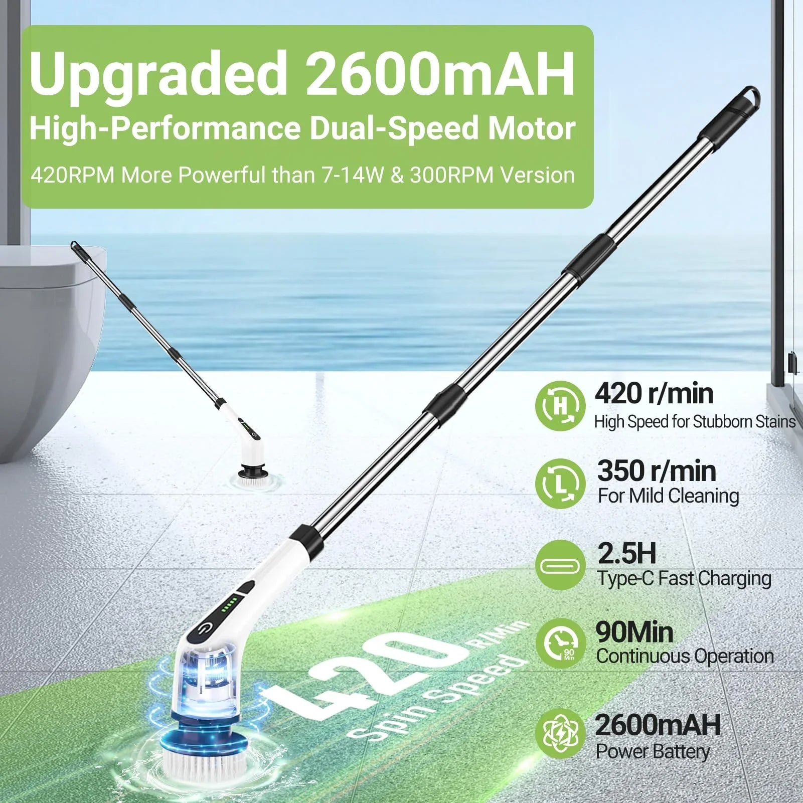 Cordless Electric Spin Scrubber with 8 Replaceable Brush Heads – Power Cleaning Tool with Extended Handle for Floor, Tile, Bathroom, and Tub Maintenance