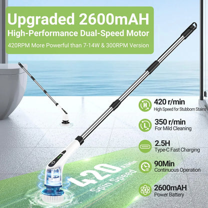 Cordless Electric Spin Scrubber with 8 Replaceable Brush Heads – Power Cleaning Tool with Extended Handle for Floor, Tile, Bathroom, and Tub Maintenance