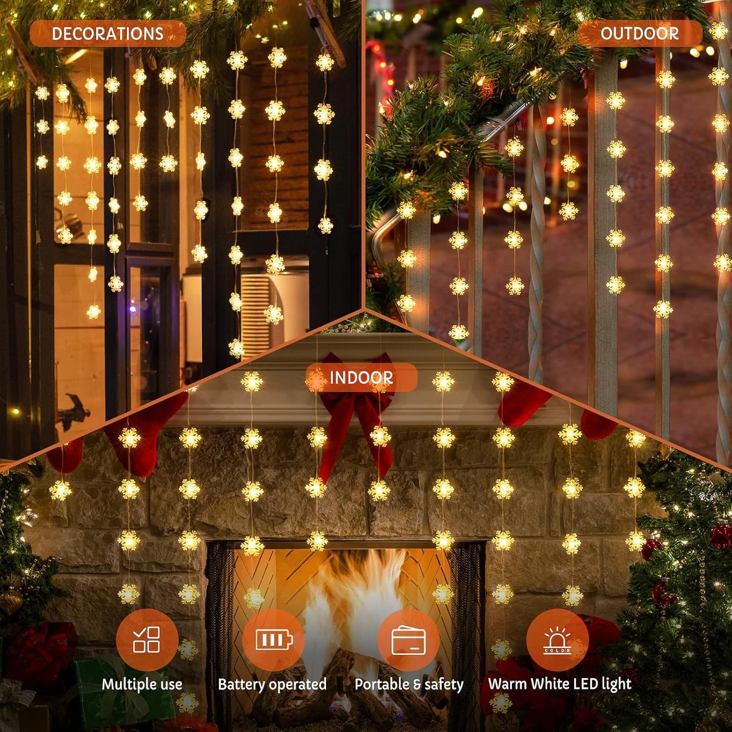 Snowflake Christmas Window Lights, 50 LED Battery Operated Curtain Light with Timer, 8 Modes Xmas Decoration Indoor Hanging Light for Window Bedroom Wall, Warm White