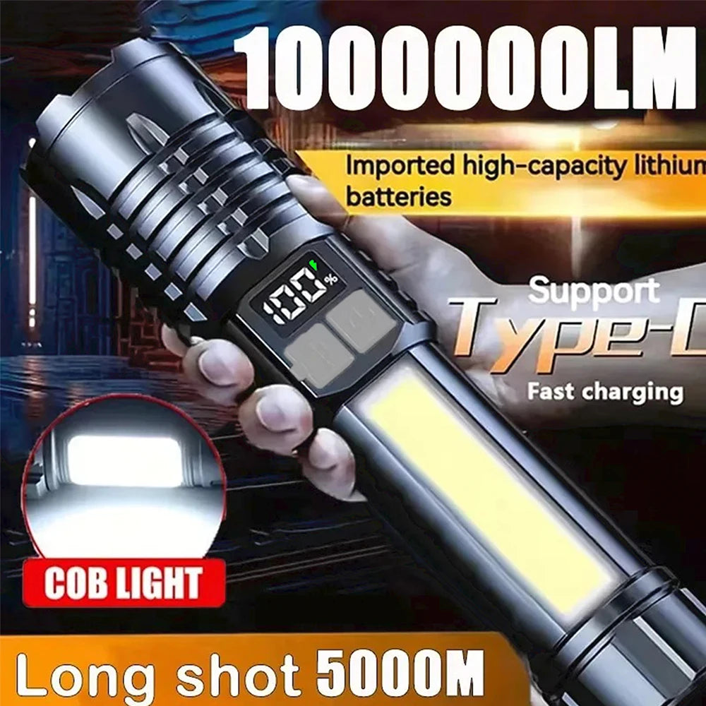 High-Power LED Flashlight | Rechargeable TYPE-C COB Torch with Side Light – Perfect for Camping, Hiking & Outdoor Use