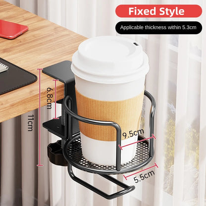 2-in-1 Adjustable Desk Cup Holder | 360° Rotating Anti-Fall Table Edge Clamp – No-Drill Installation