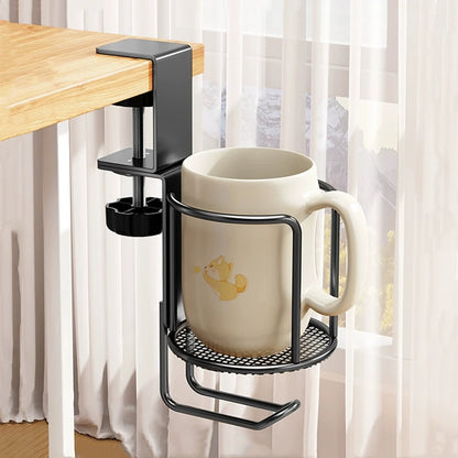 2-in-1 Adjustable Desk Cup Holder | 360° Rotating Anti-Fall Table Edge Clamp – No-Drill Installation