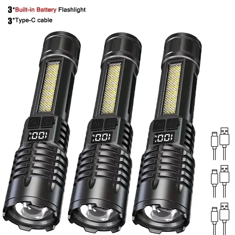 High-Power LED Flashlight | Rechargeable TYPE-C COB Torch with Side Light – Perfect for Camping, Hiking & Outdoor Use