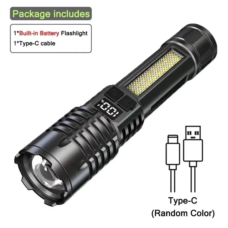 High-Power LED Flashlight | Rechargeable TYPE-C COB Torch with Side Light – Perfect for Camping, Hiking & Outdoor Use