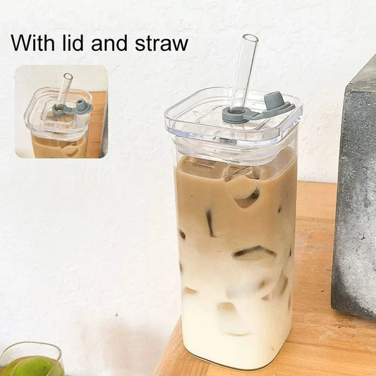Square Heat-Resistant Glass Cup with Lid & Straw | Transparent Coffee, Milk Tea, or Juice Mug for Home & Bar