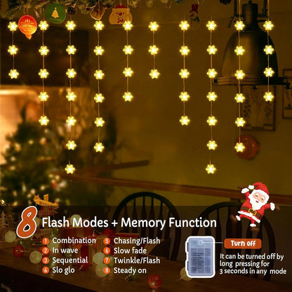 Snowflake Christmas Window Lights, 50 LED Battery Operated Curtain Light with Timer, 8 Modes Xmas Decoration Indoor Hanging Light for Window Bedroom Wall, Warm White