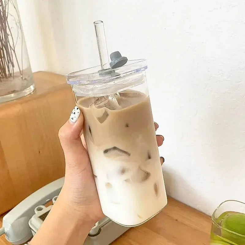 Square Heat-Resistant Glass Cup with Lid & Straw | Transparent Coffee, Milk Tea, or Juice Mug for Home & Bar