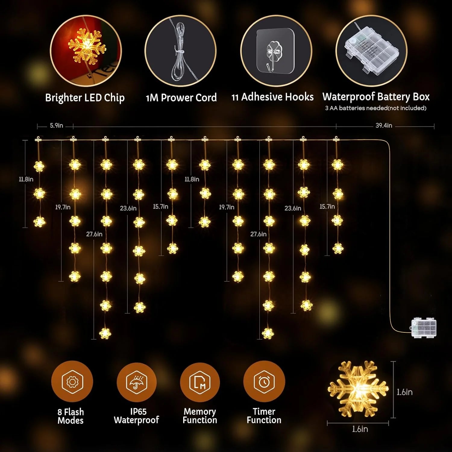 Snowflake Christmas Window Lights, 50 LED Battery Operated Curtain Light with Timer, 8 Modes Xmas Decoration Indoor Hanging Light for Window Bedroom Wall, Warm White