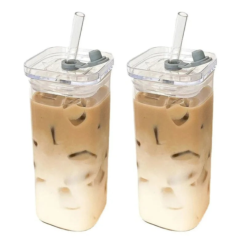 Square Heat-Resistant Glass Cup with Lid & Straw | Transparent Coffee, Milk Tea, or Juice Mug for Home & Bar