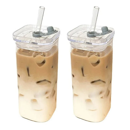 Square Heat-Resistant Glass Cup with Lid & Straw | Transparent Coffee, Milk Tea, or Juice Mug for Home & Bar