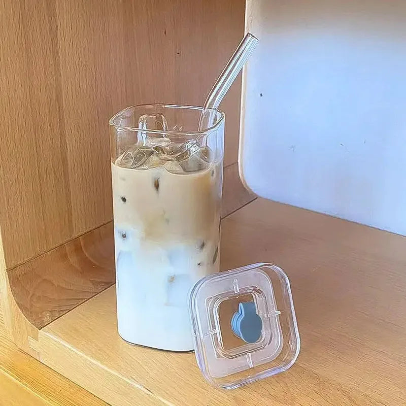 Square Heat-Resistant Glass Cup with Lid & Straw | Transparent Coffee, Milk Tea, or Juice Mug for Home & Bar